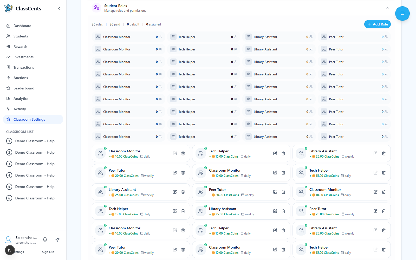 Classroom settings payment schedule section with timezone and cadence controls