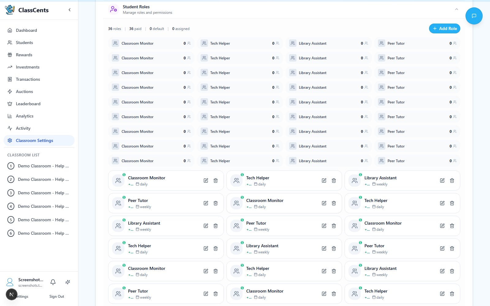 Classroom settings jobs section with job definitions and payout options