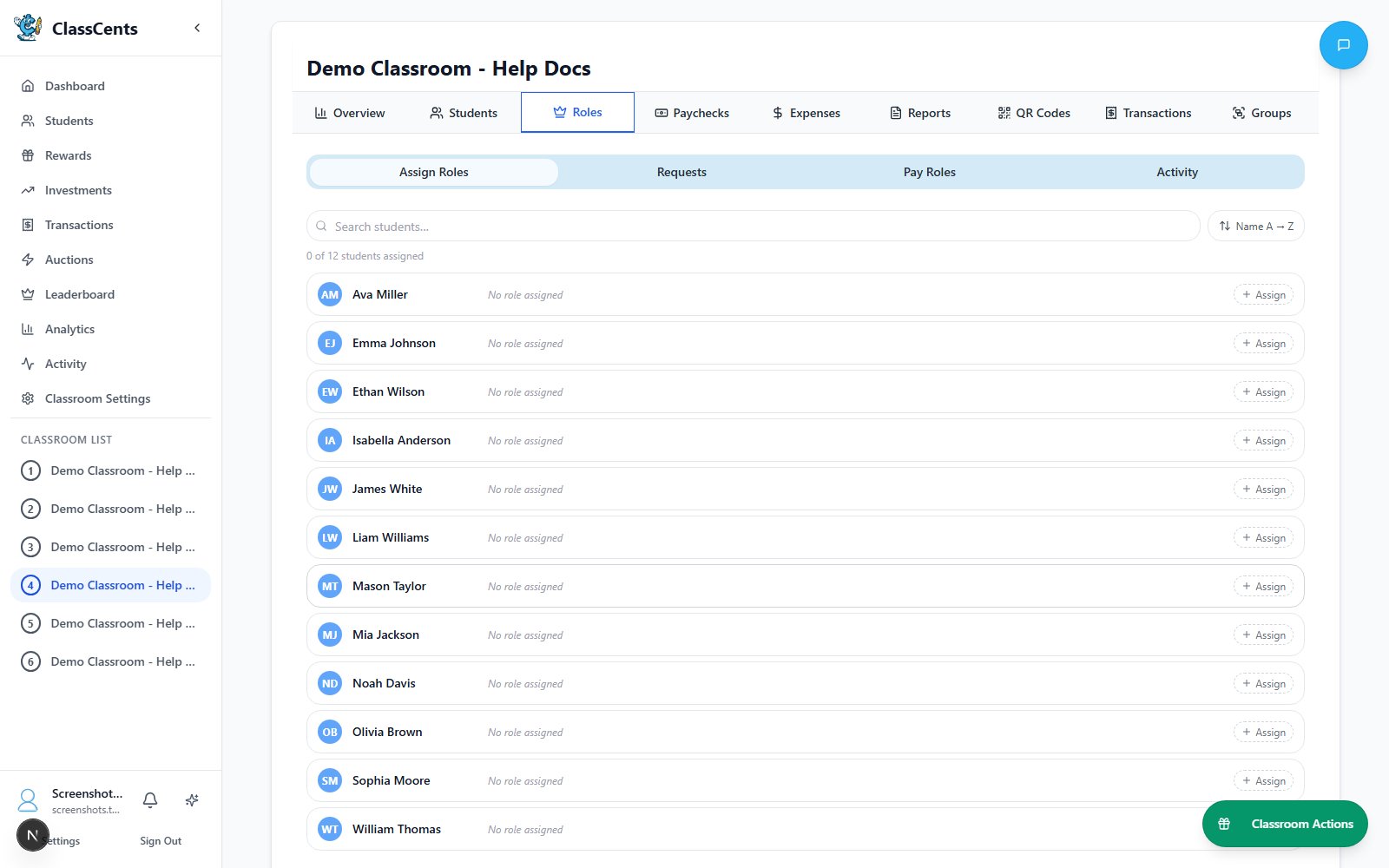 Classroom jobs tab showing job cards, assignments, and payout details