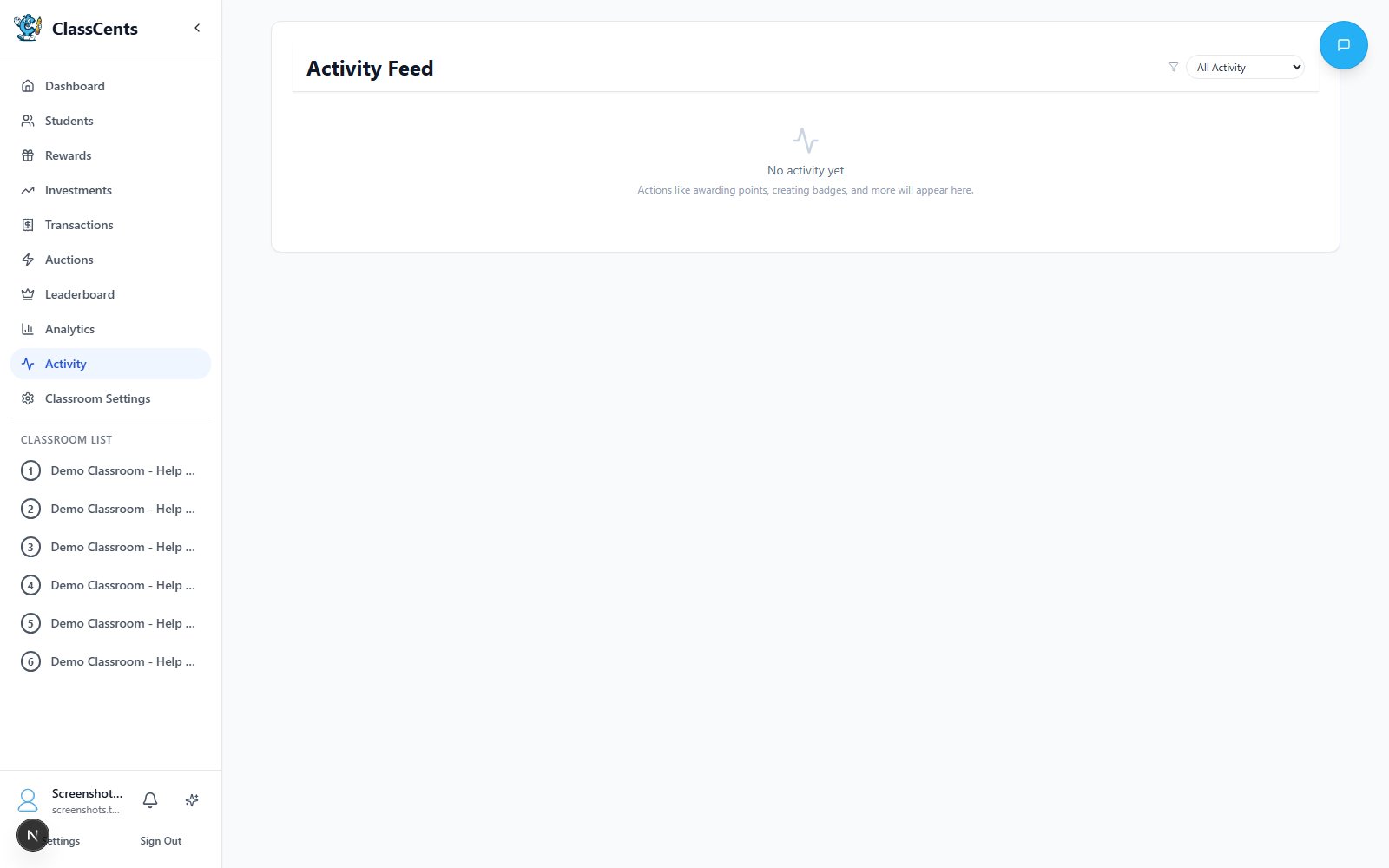 Teacher activity feed page with filters and timeline entries