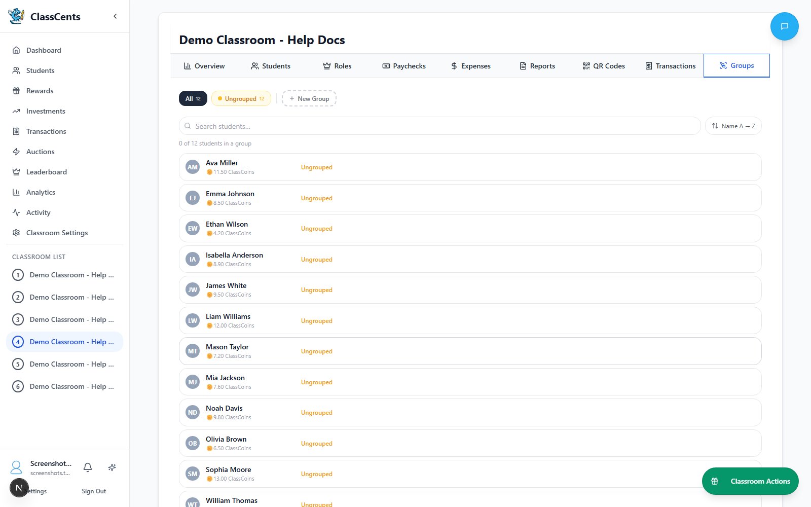 Classroom groups tab showing group cards and member organization
