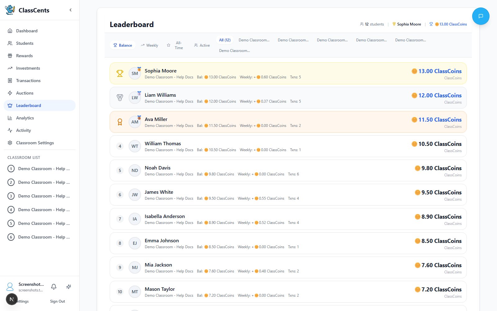 Teacher leaderboard page with ranking tabs and student table