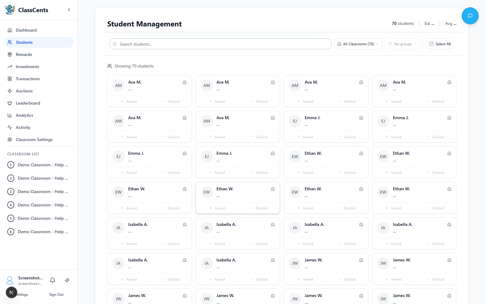Teacher students page with roster and student management actions