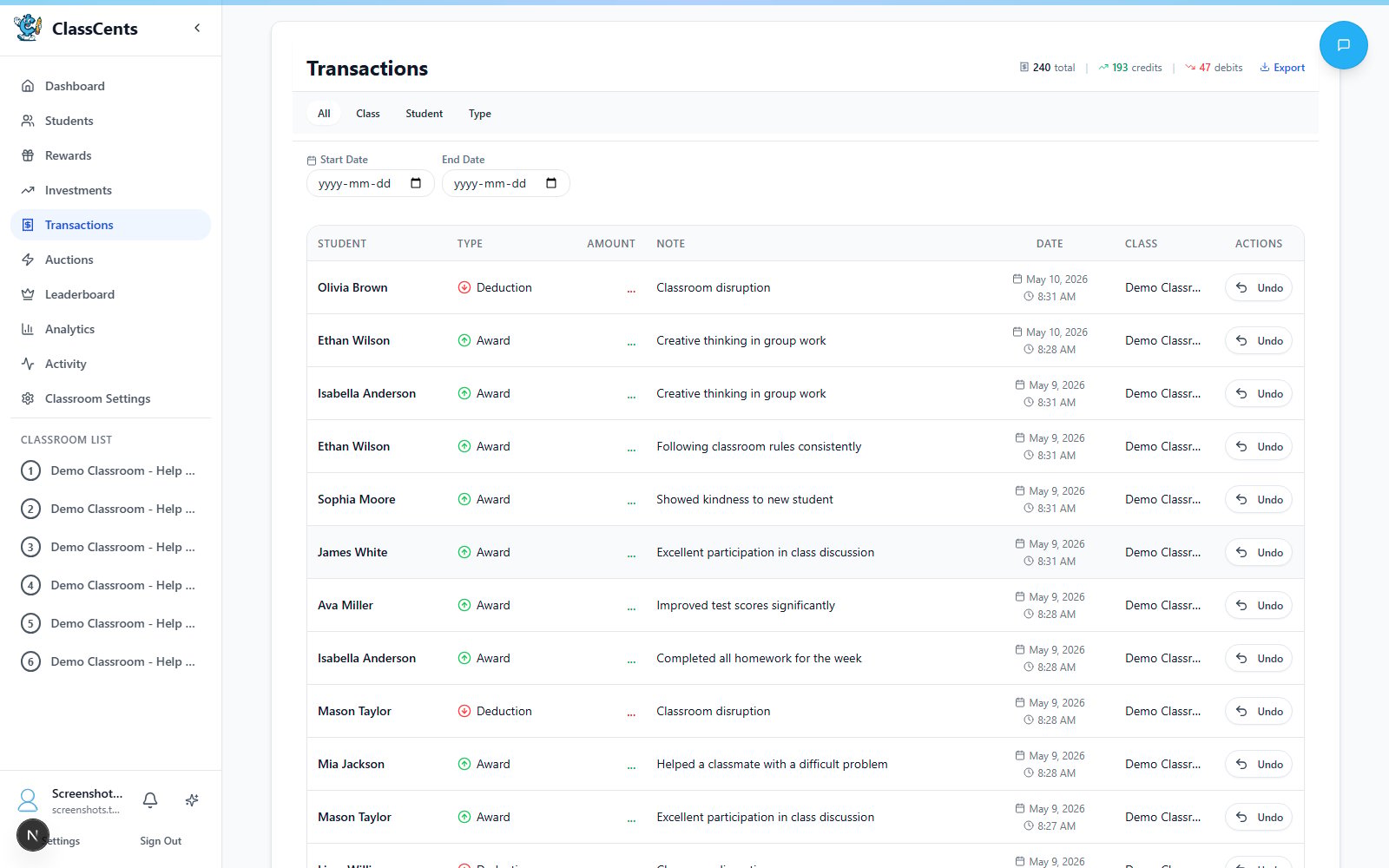 Teacher transactions page with filters and classroom transaction ledger
