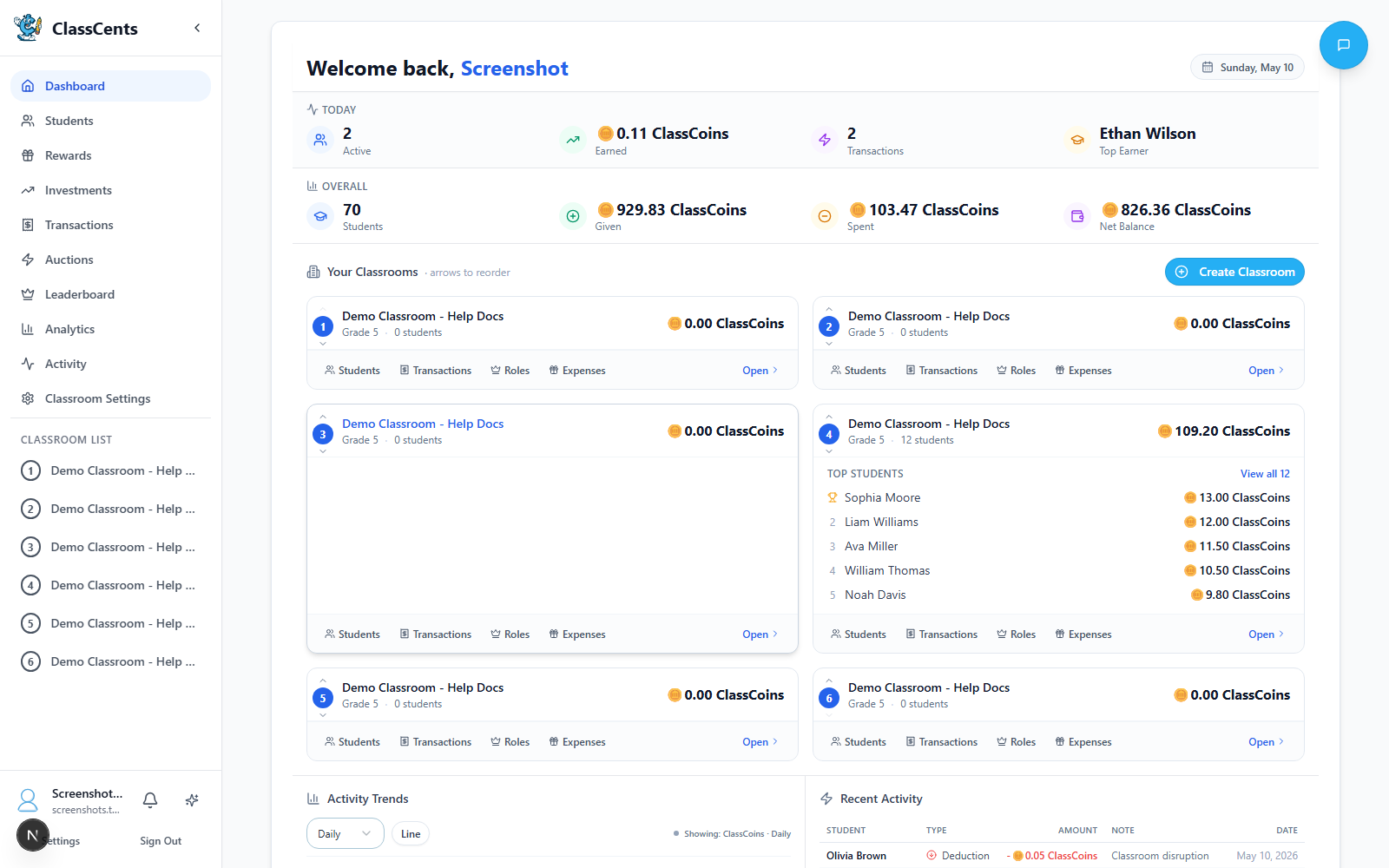 ClassCents dashboard with Create Classroom button highlighted