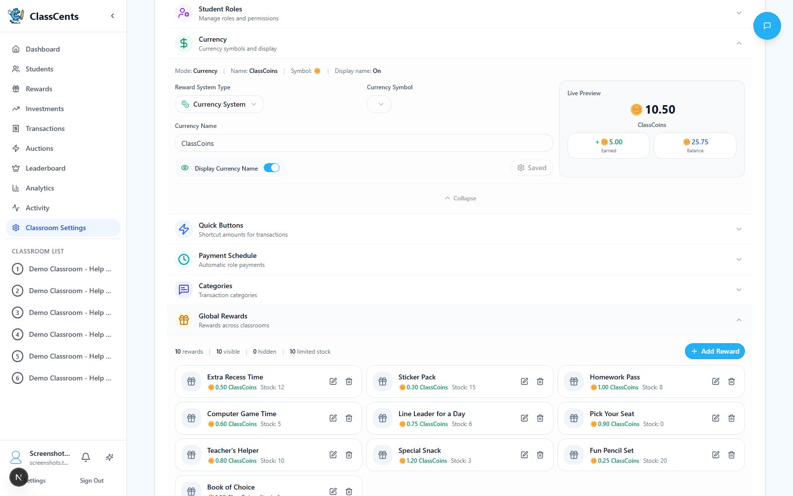 Rewards management view used to control redeemable rewards and stock