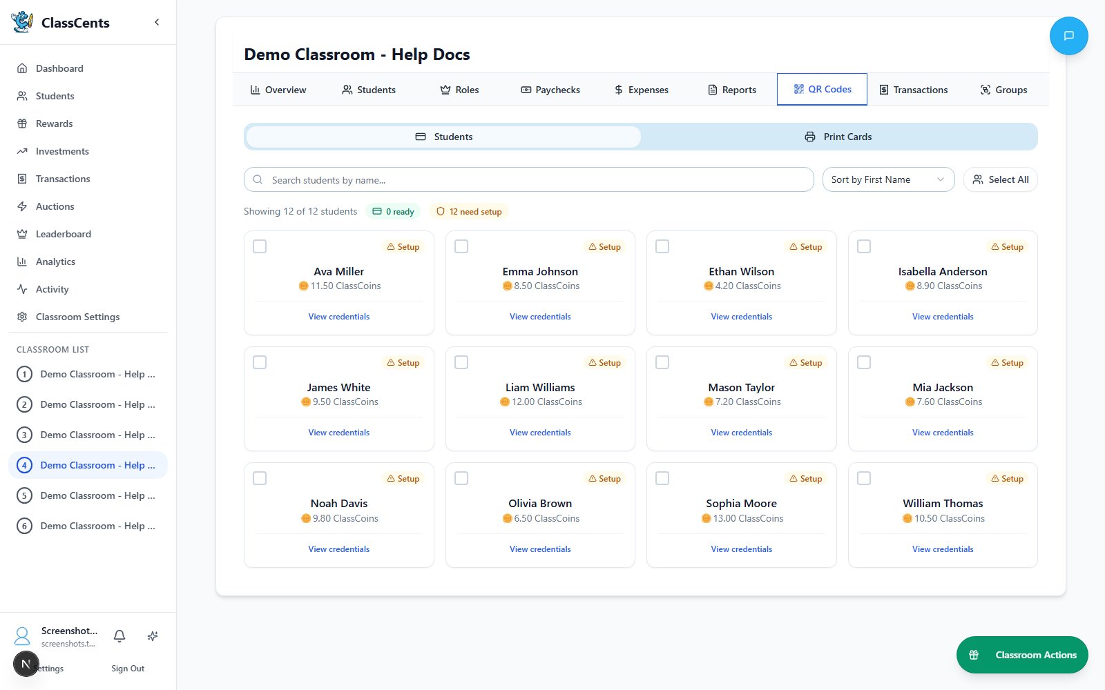 Classroom QR codes tab with student QR login card management