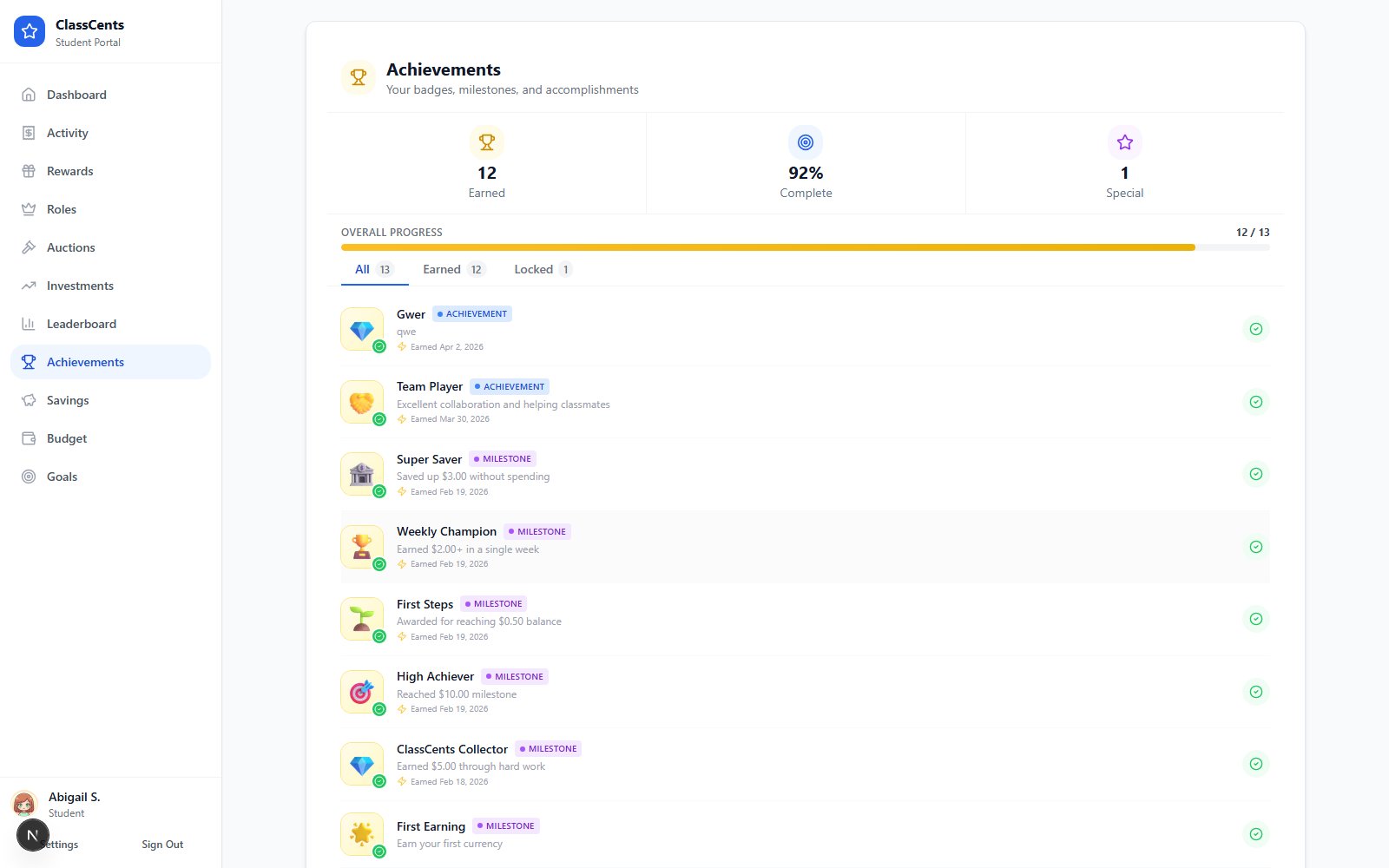 Student achievements page showing earned and locked badges