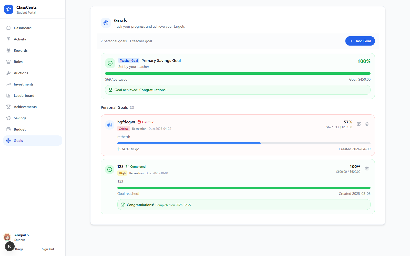 Student goals page with target cards and progress bars