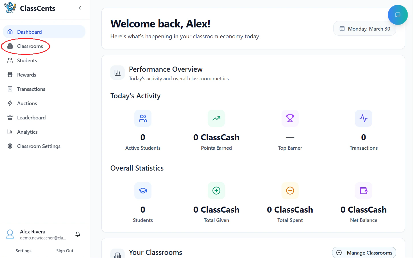 ClassCents dashboard with Create Classroom button highlighted