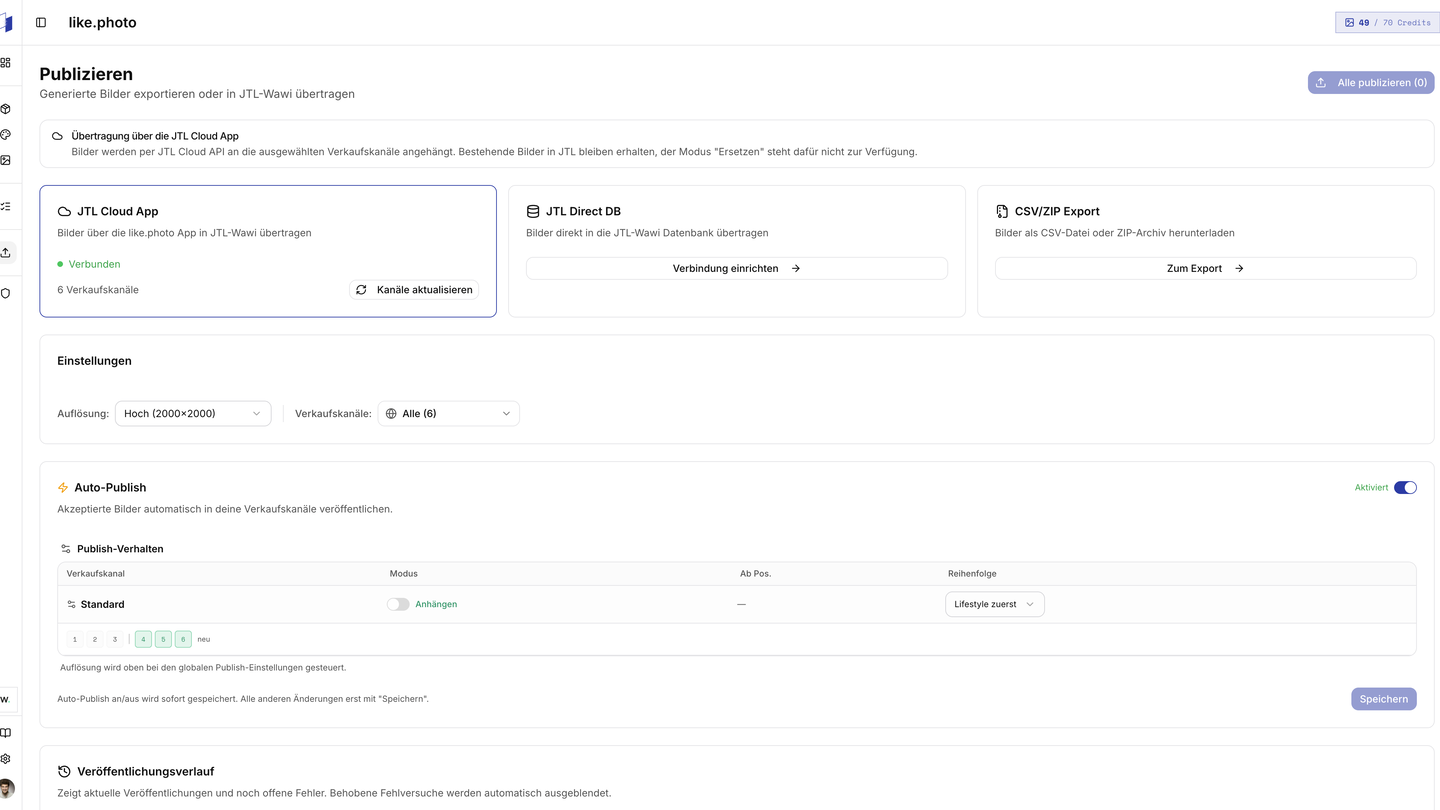 Aktuelle Publish-Seite mit JTL Cloud App