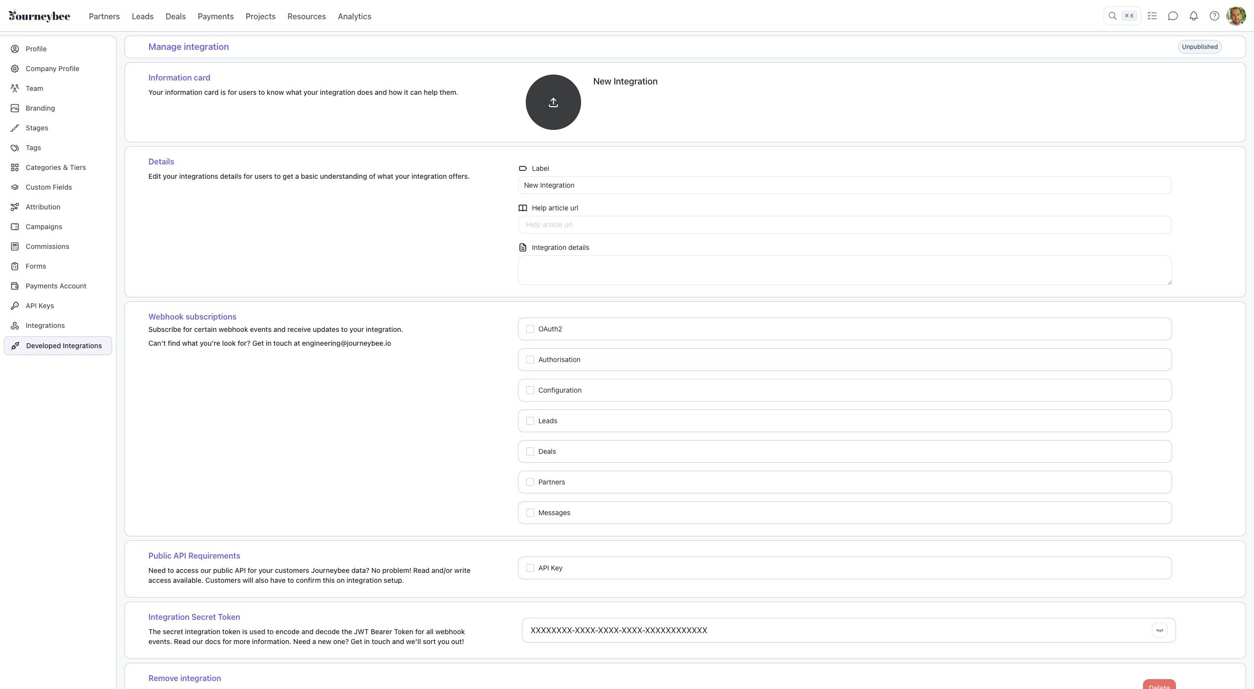 Create integration page showing the form to set up a new webhook integration