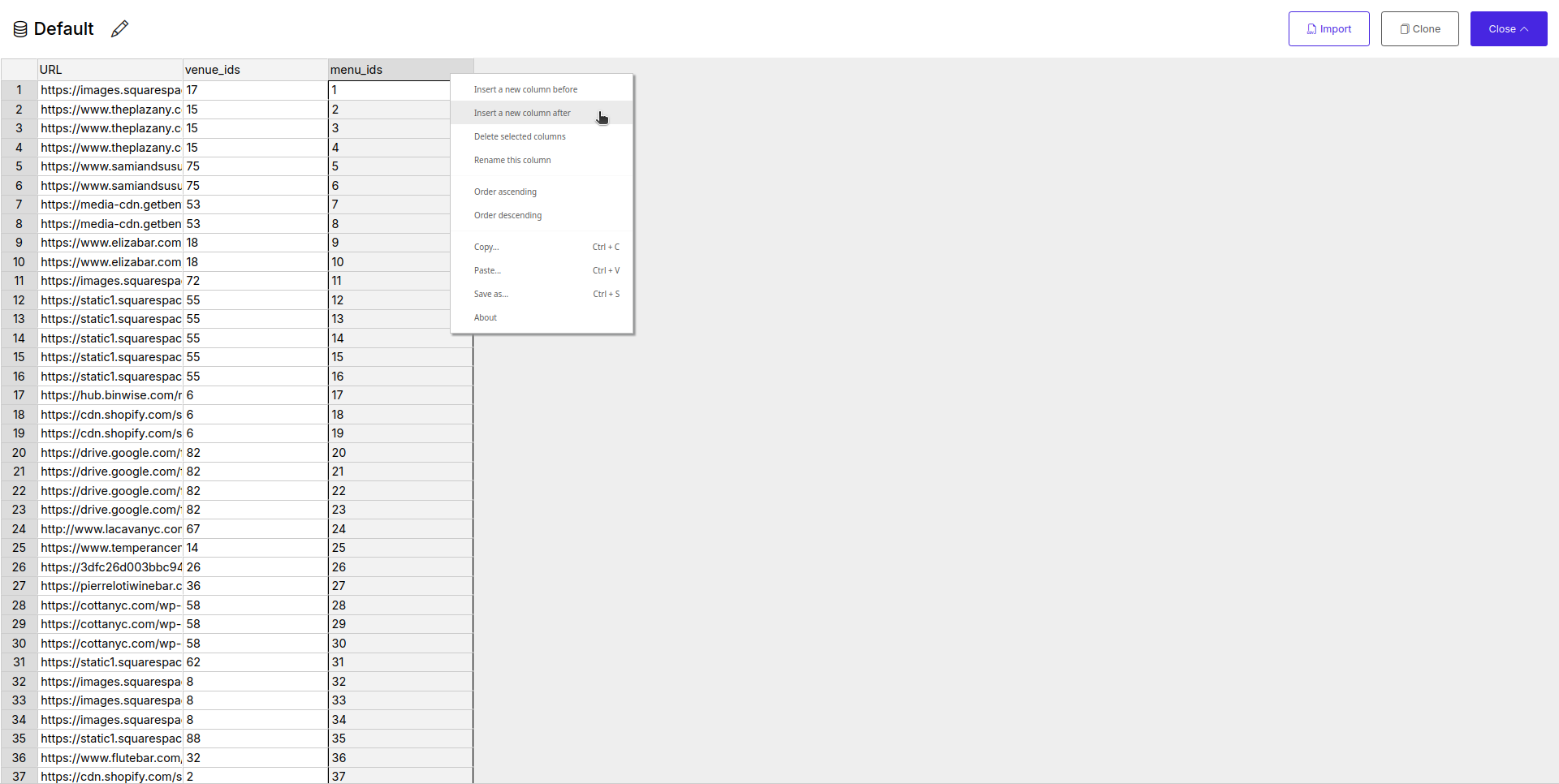 Screenshot: Full-screen data table editor showing columns and rows of data
