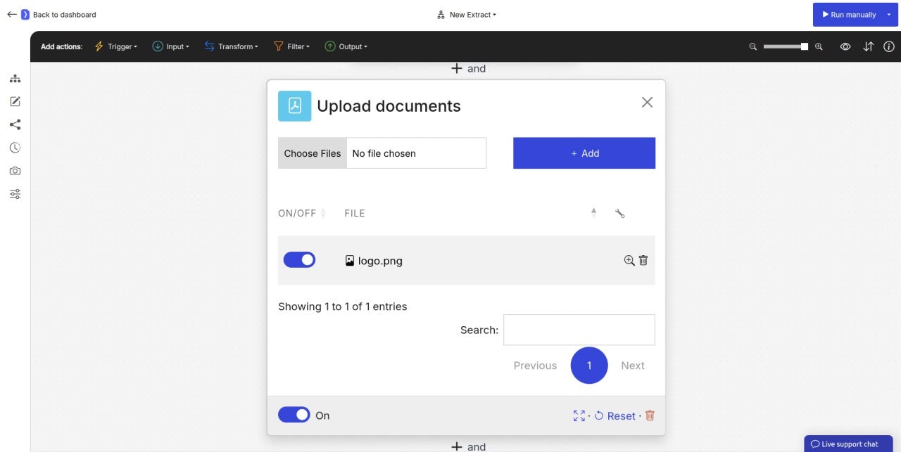 Screenshot: Upload documents block configuration panel showing the file selection button with uploaded file