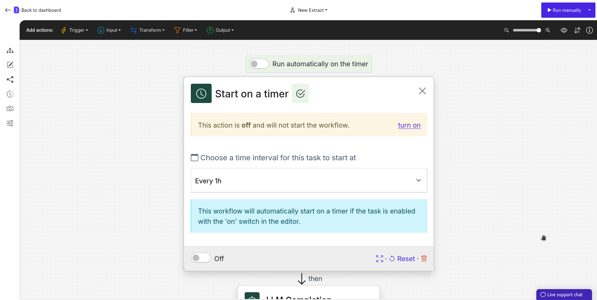 Screenshot: Start on a timer block configuration panel showing the selected interval