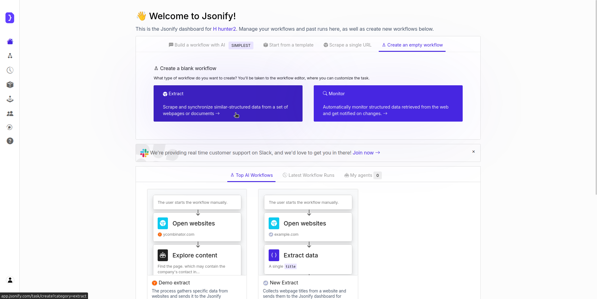 Creating a new workflow from the Extract template