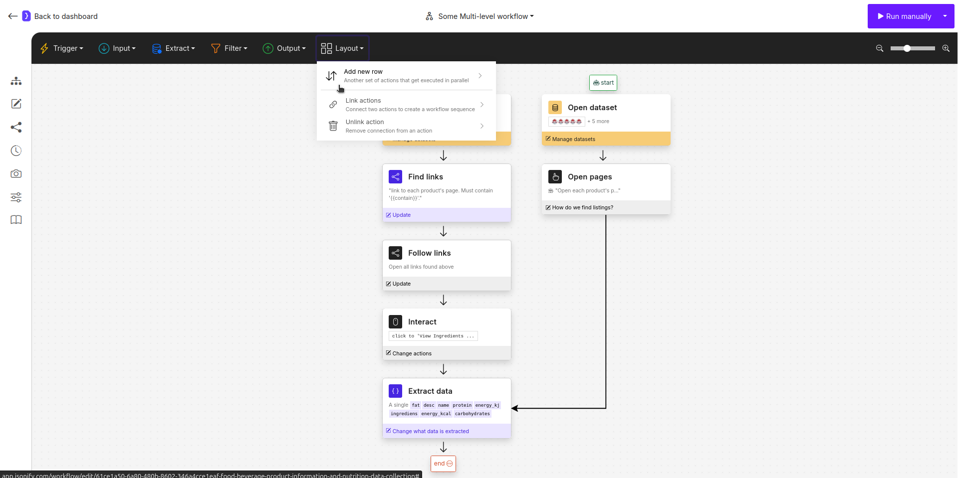 Screenshot: The Layout dropdown menu showing "Add new row" and "Link actions"