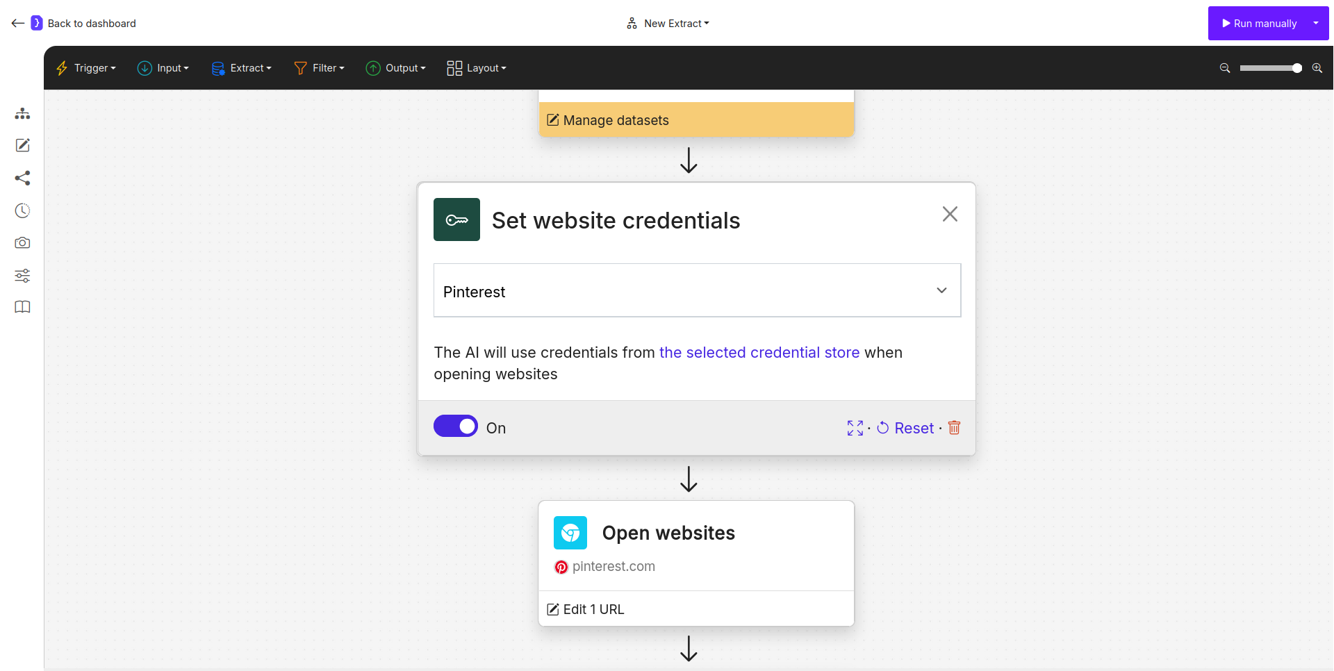 Selecting the named credential store from the dropdown in the 'Use Credentials' block.