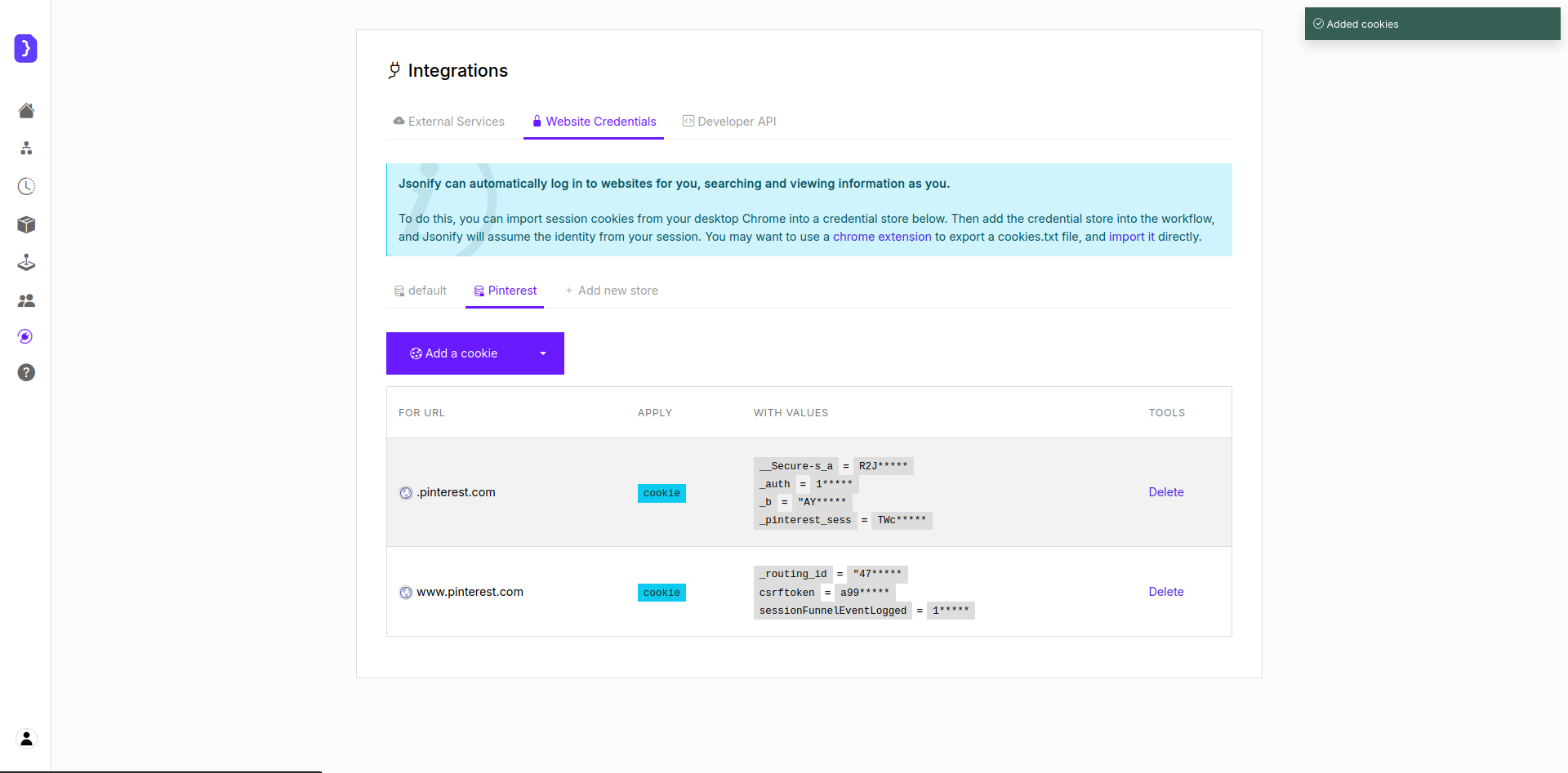 Importing the cookies.txt file into a newly created Website Credential store