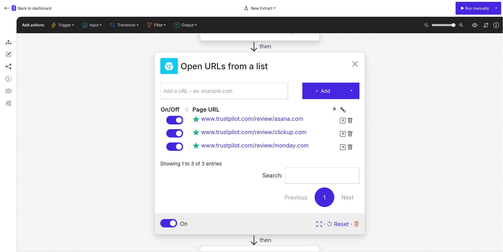 Open Websites block configured with Trustpilot URLs