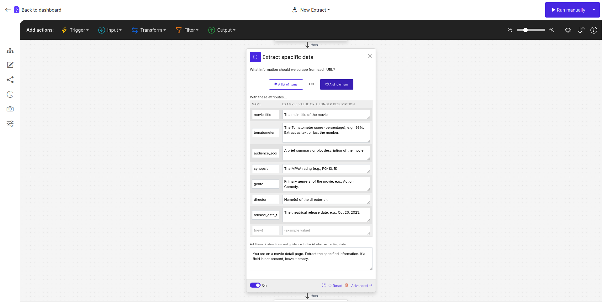 Screenshot: Extract Data block configured for extracting movie details