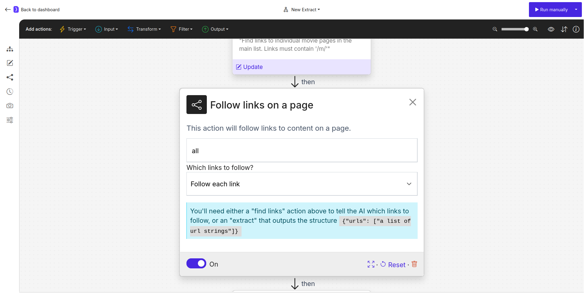 Screenshot: Follow Links block configured to 'Follow each link'