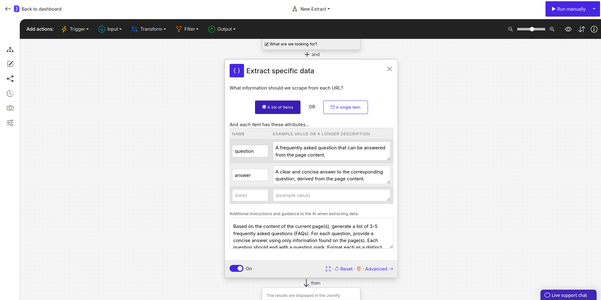 Screenshot: Extract Data block configured for FAQ generation