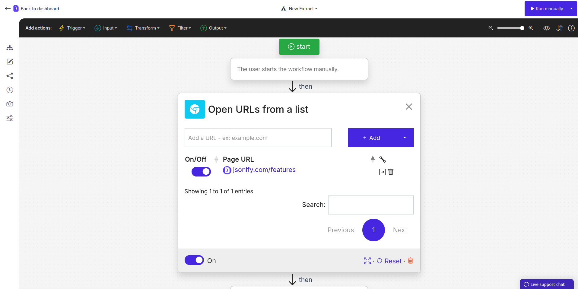 creenshot: Open Websites block configured with a target URL for FAQ generation