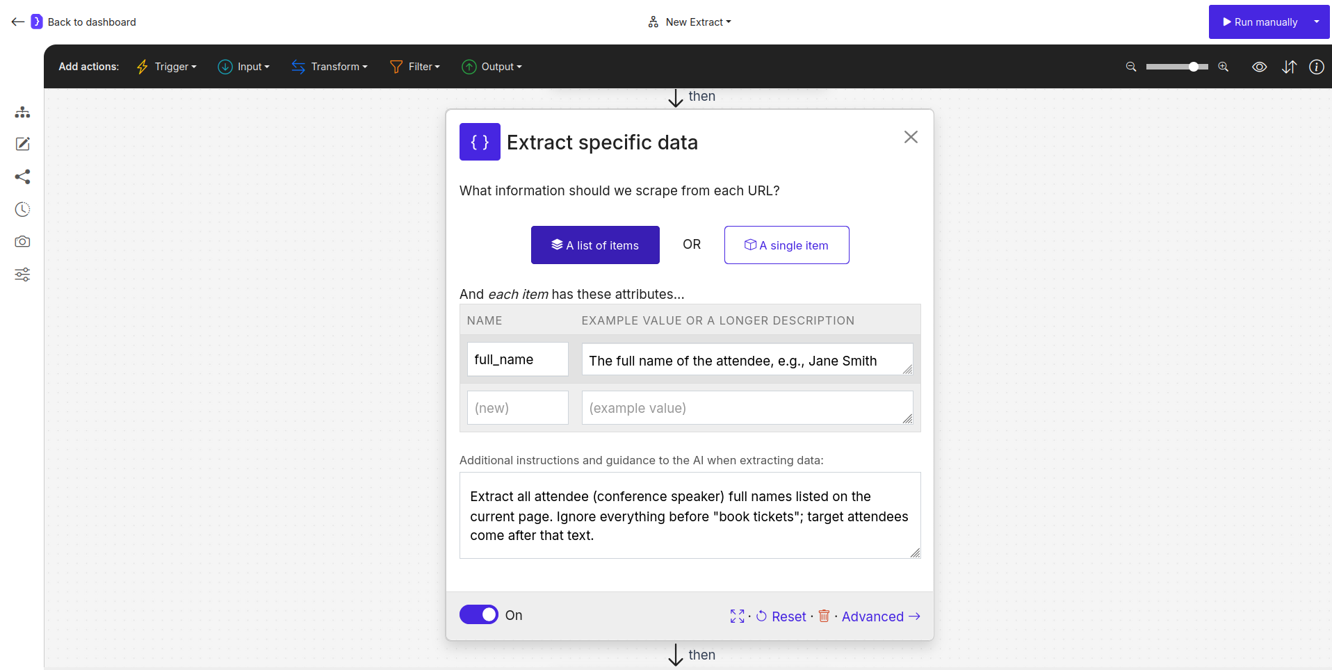 Screenshot: First Extract Data block configured to get names from paginated list