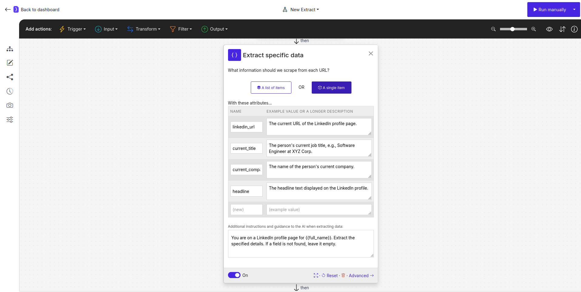 Screenshot: Second Extract Data block for LinkedIn profile details