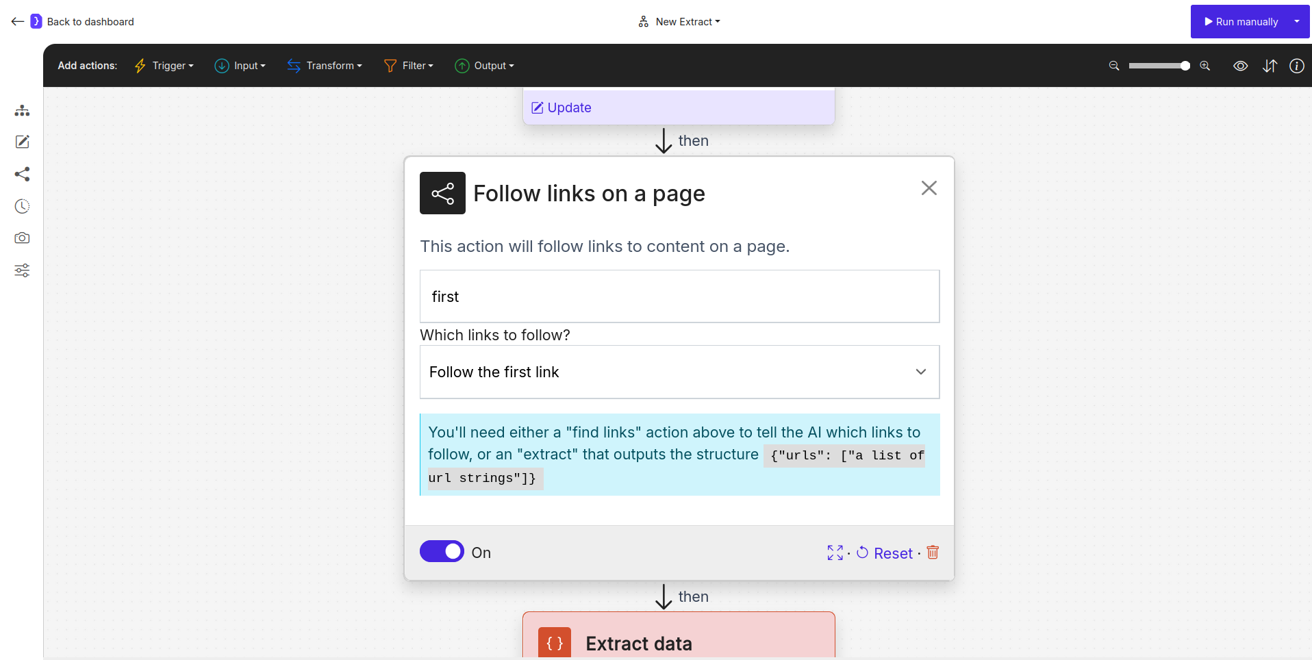 Screenshot: Follow Links block configured to follow the first link