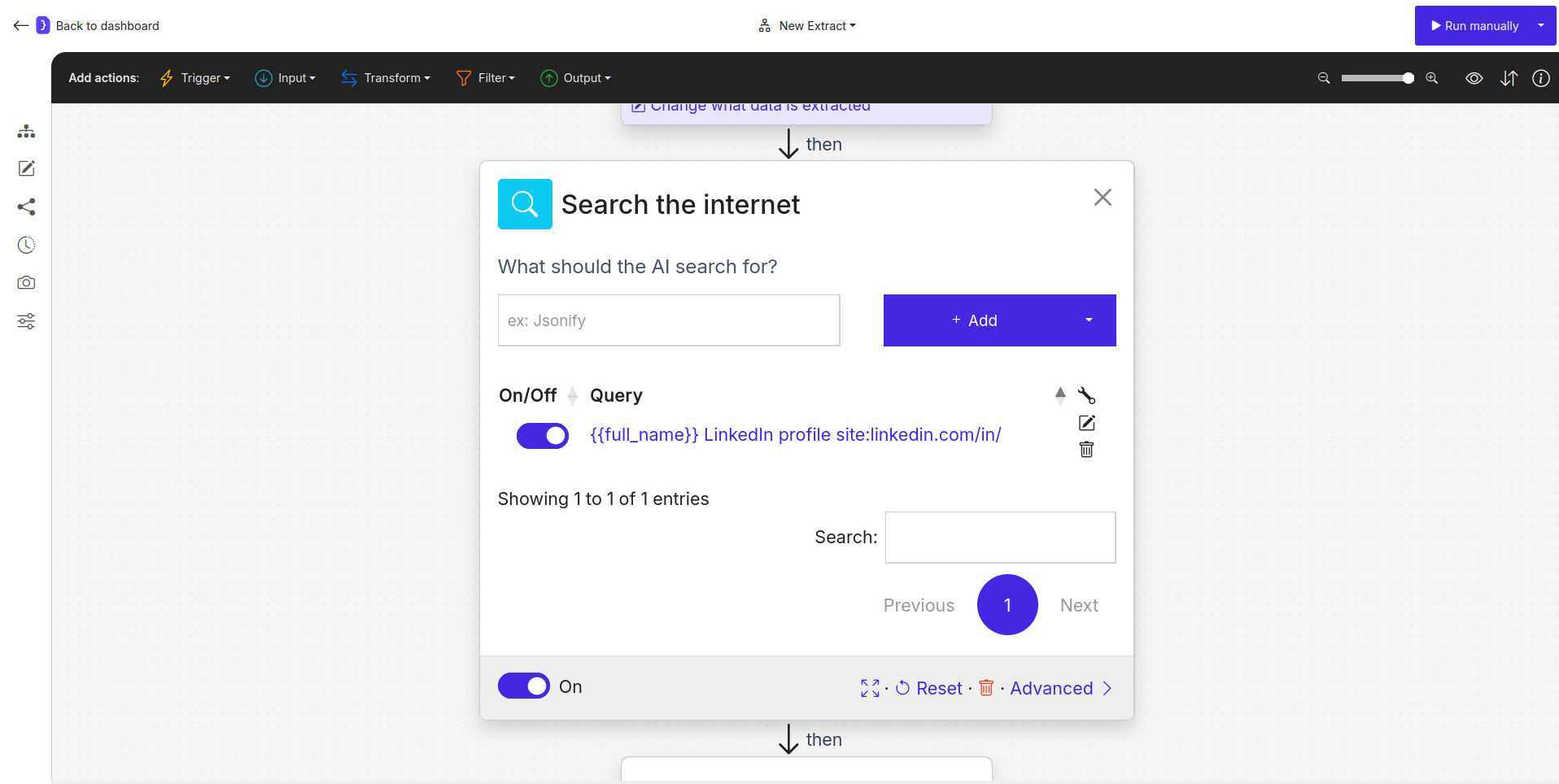 Screenshot: Google Search block configured with dynamic name search