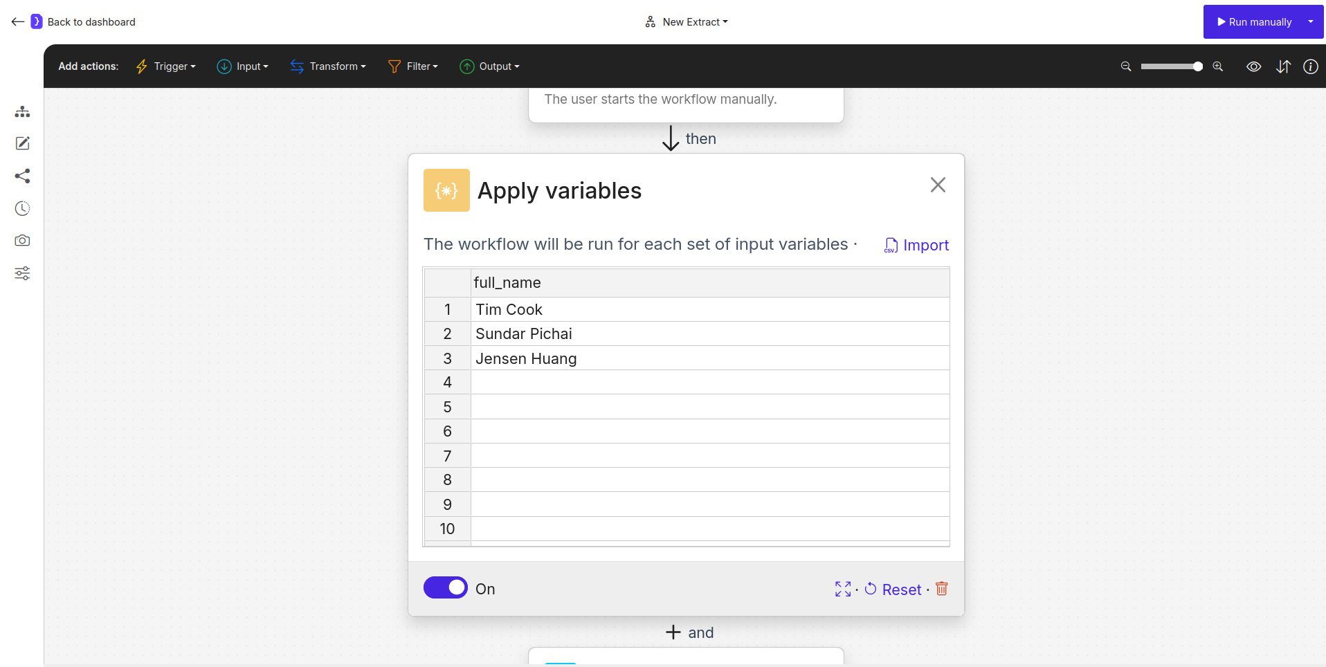 Screenshot: Open datasets block with a list of names