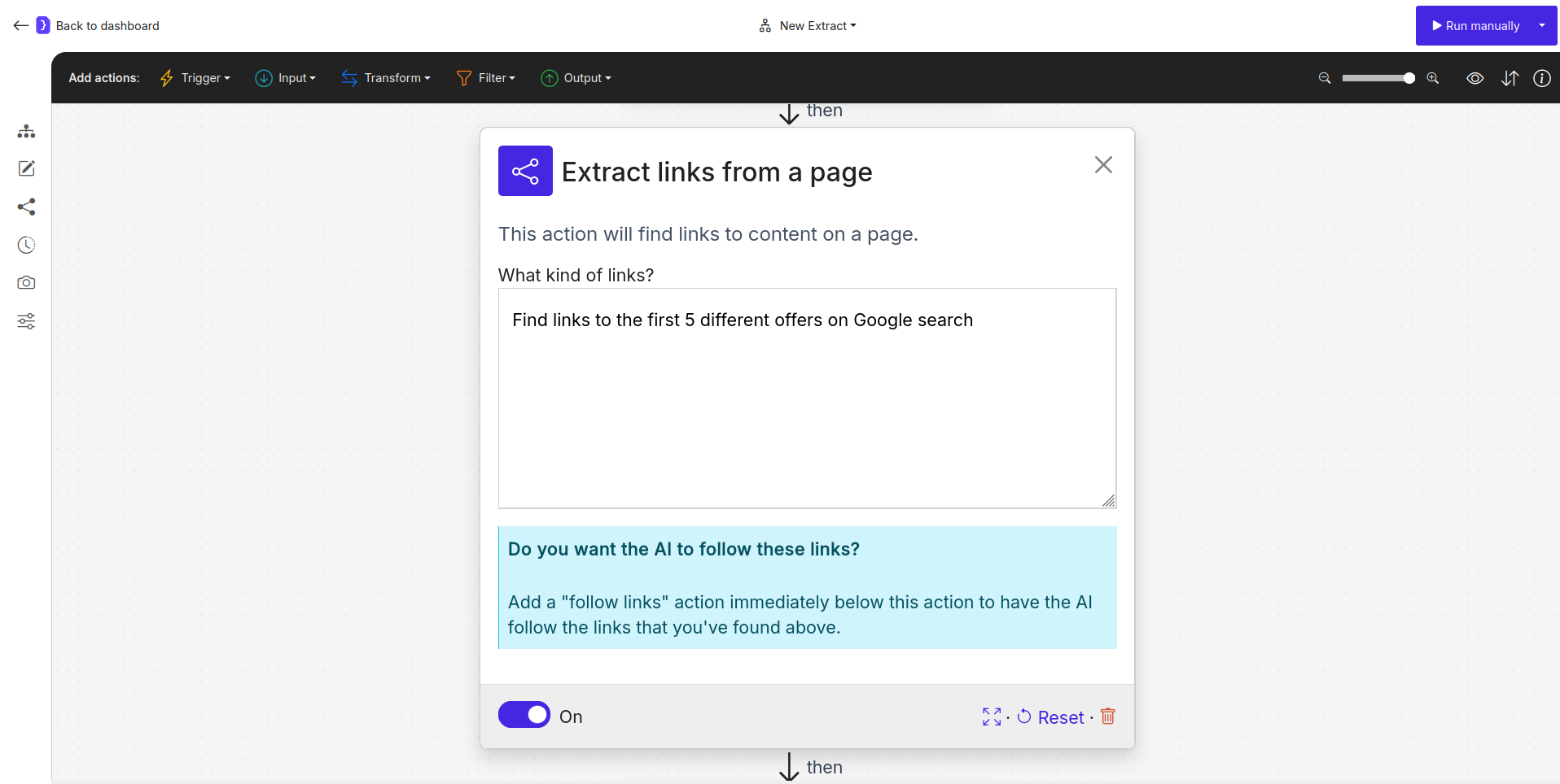 Screenshot: Find Links block configured to find top 5 offer links