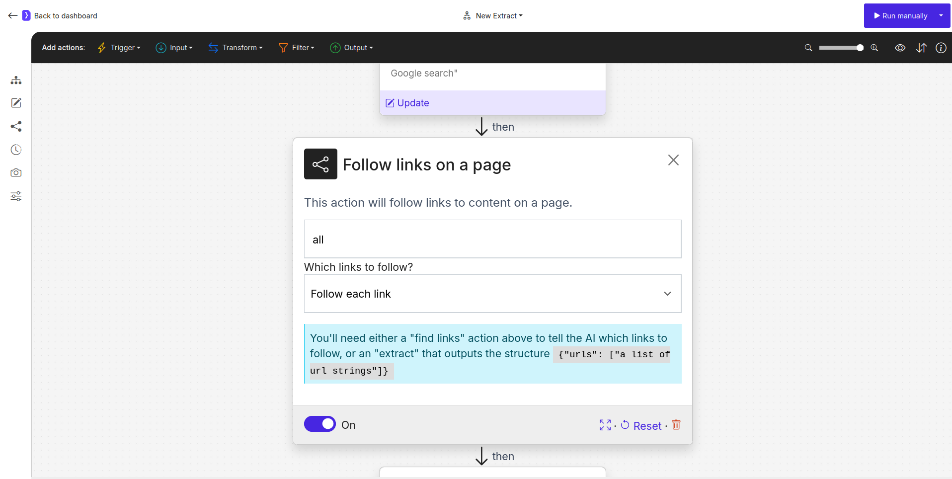 Screenshot: Follow Links block configured to "Follow each link"