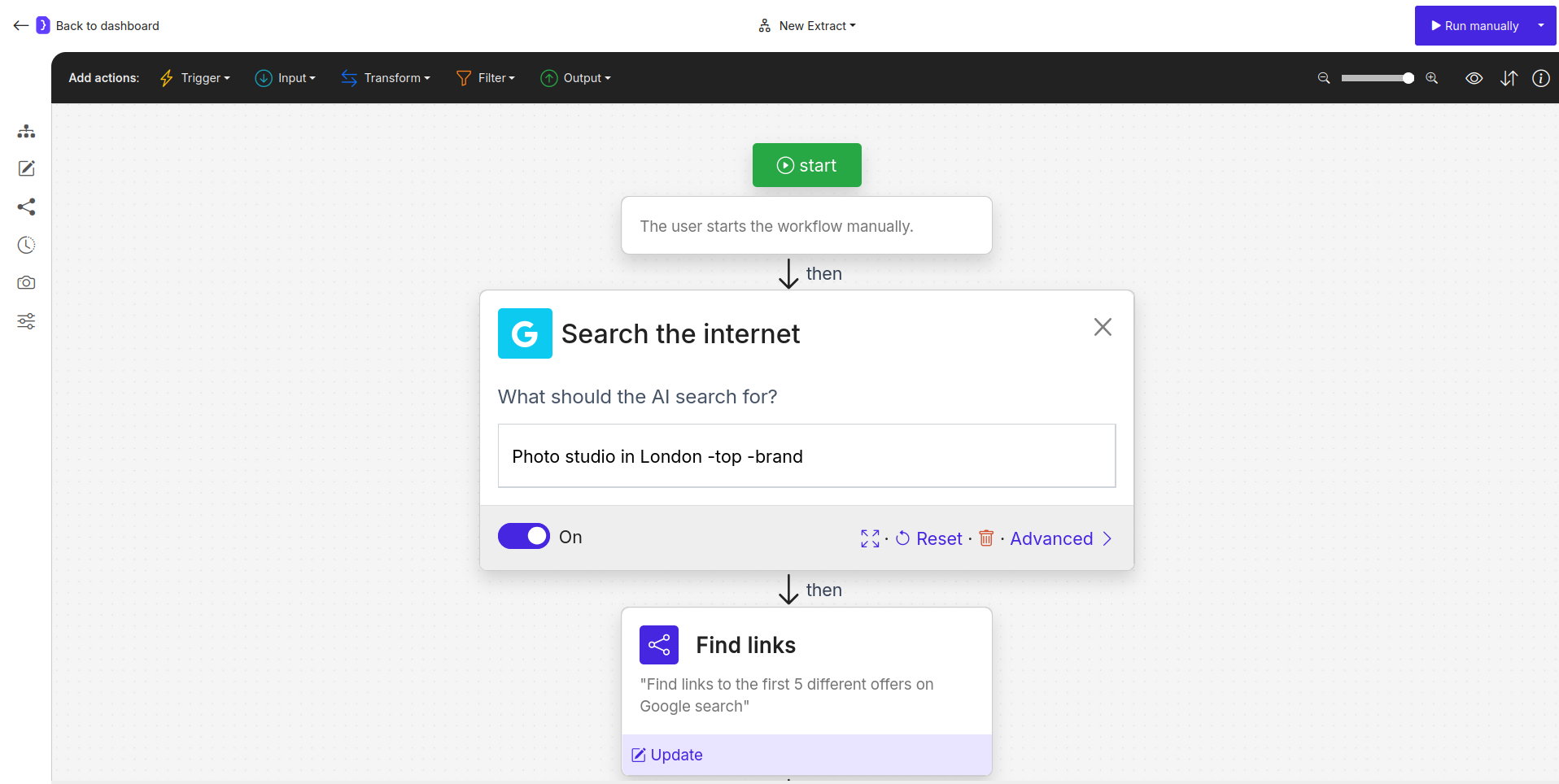 Screenshot: Google block configured with an example query and explanation of flags