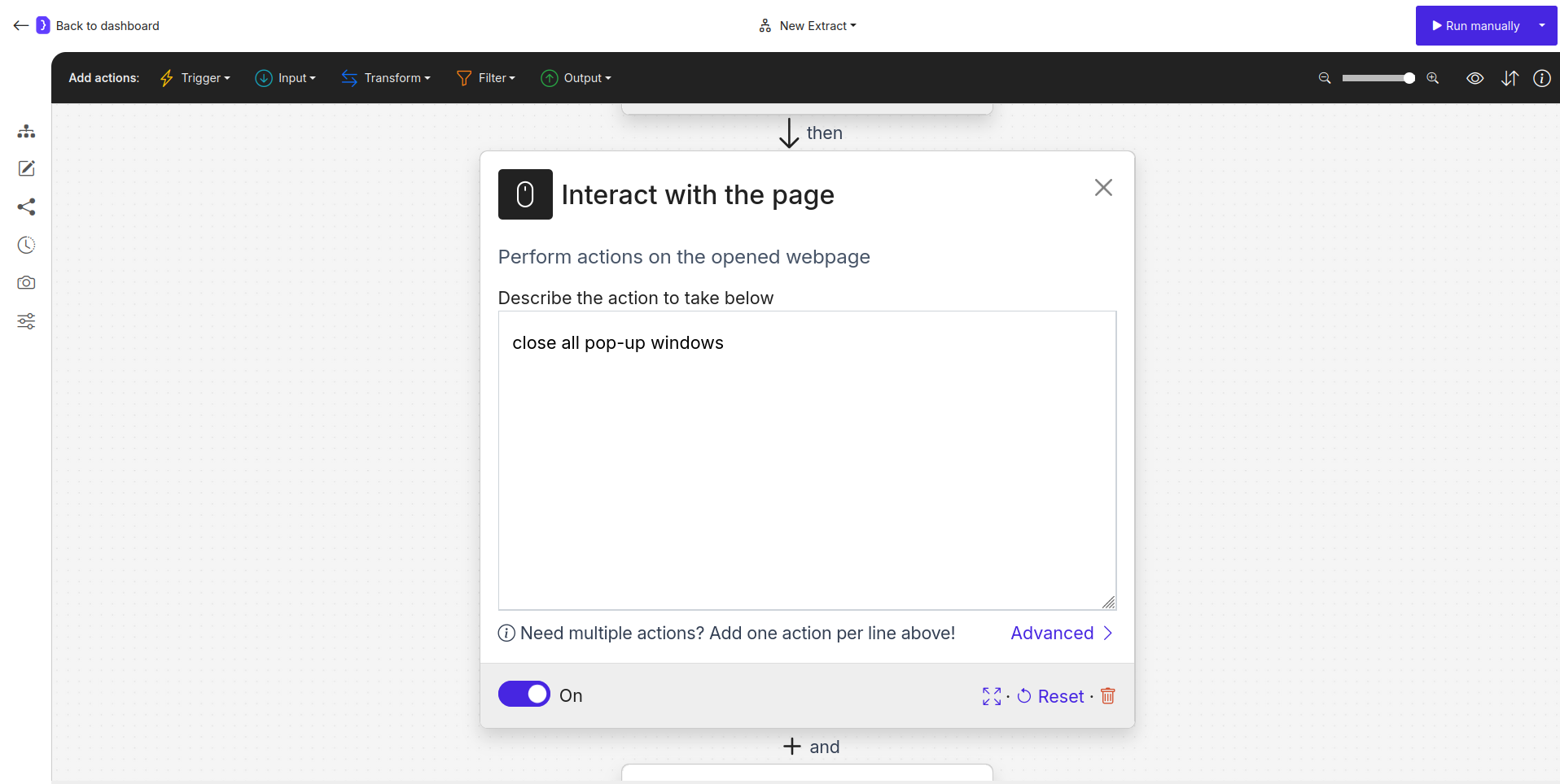 Screenshot: Interact with Page block configured to close pop-ups