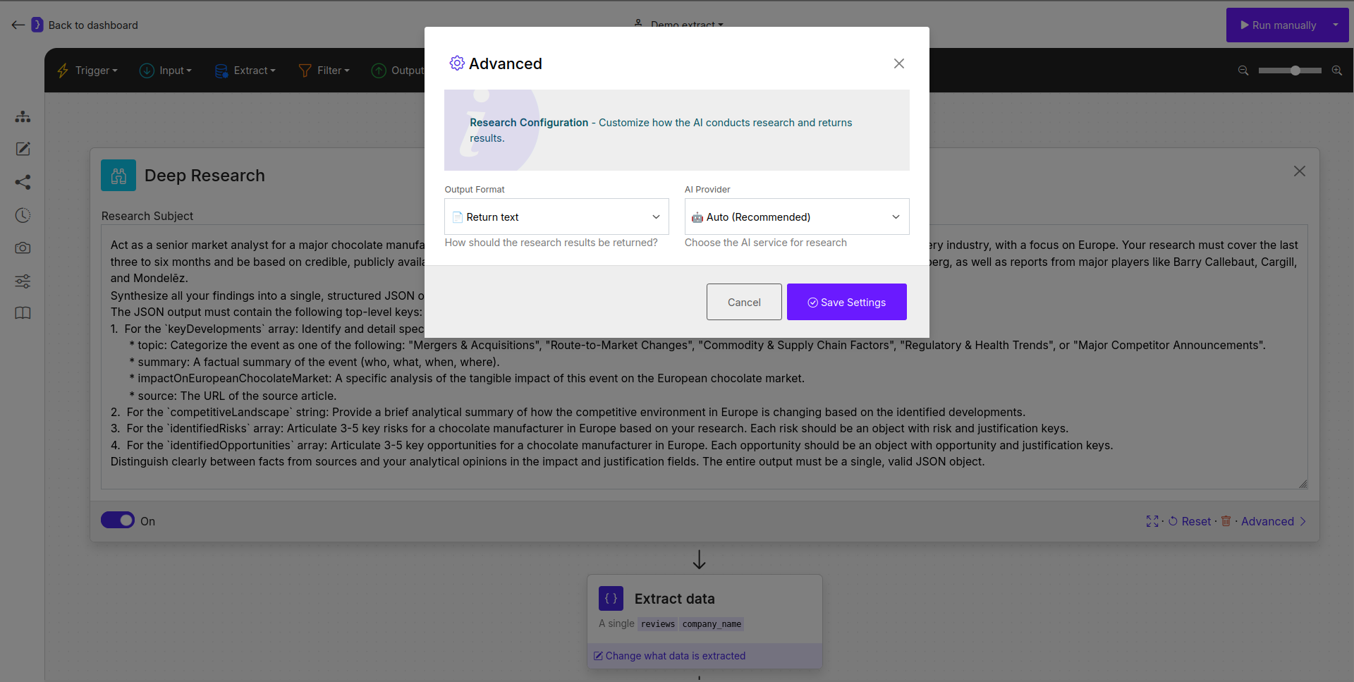Screenshot: Deep Research advanced options panel