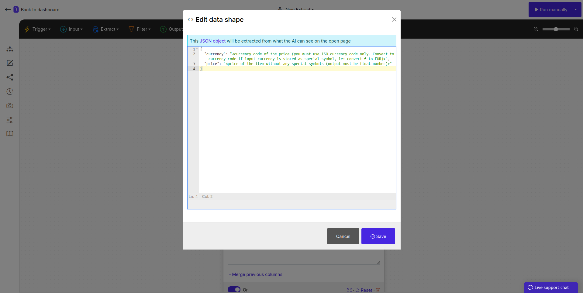 Screenshot: Extract Data block configuration showing JSON Editor