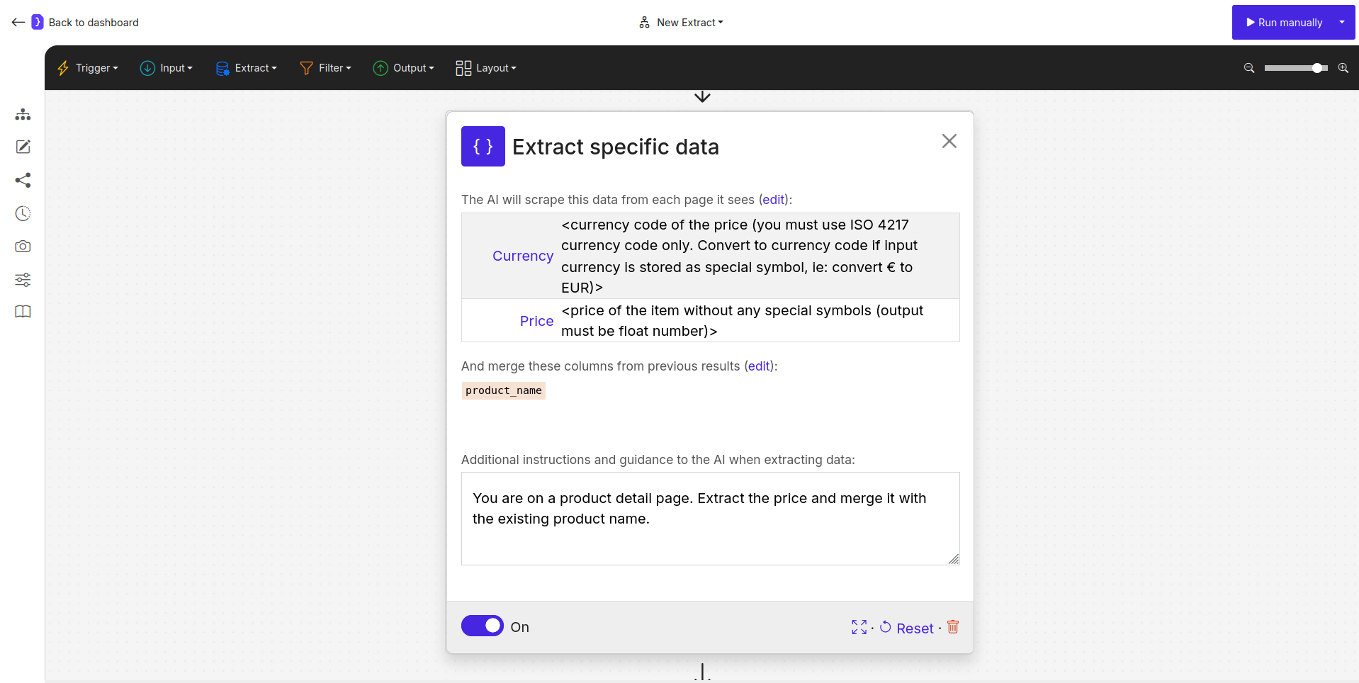 Screenshot: Extract Data block configuration showing Advanced mode