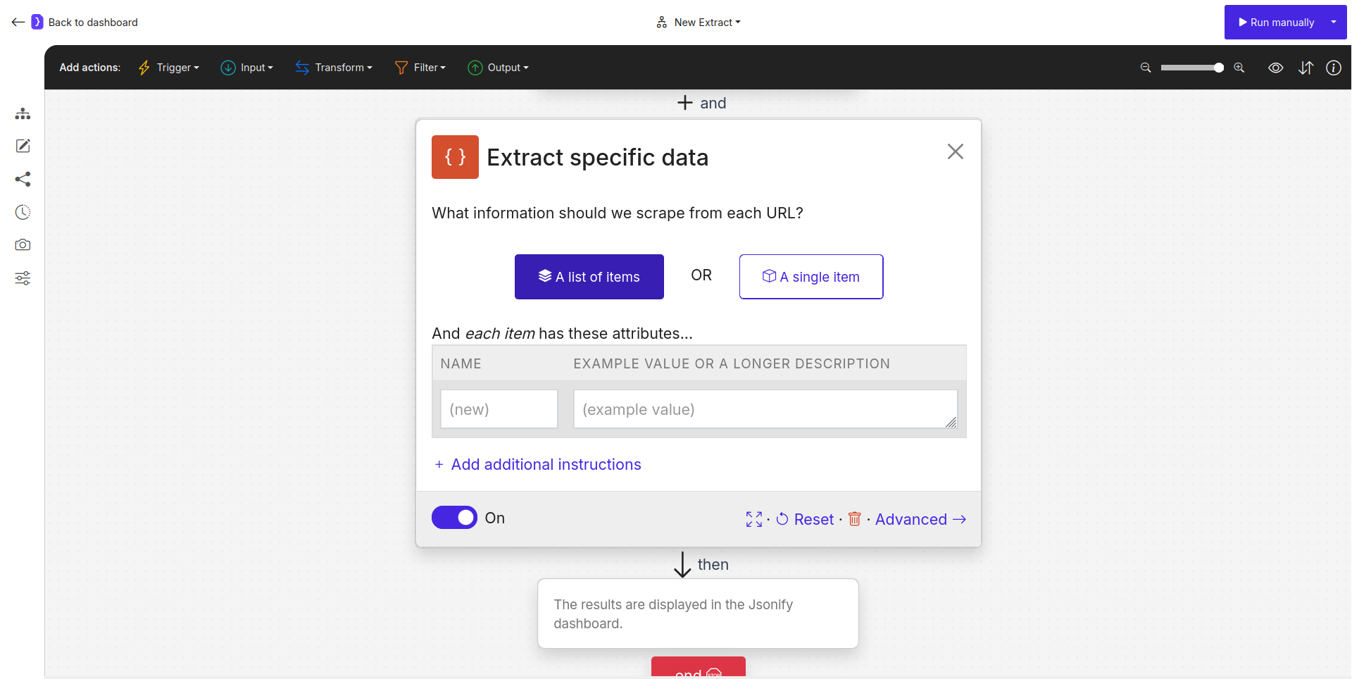 Screenshot: Extract Data block configuration showing item type selection and attribute table