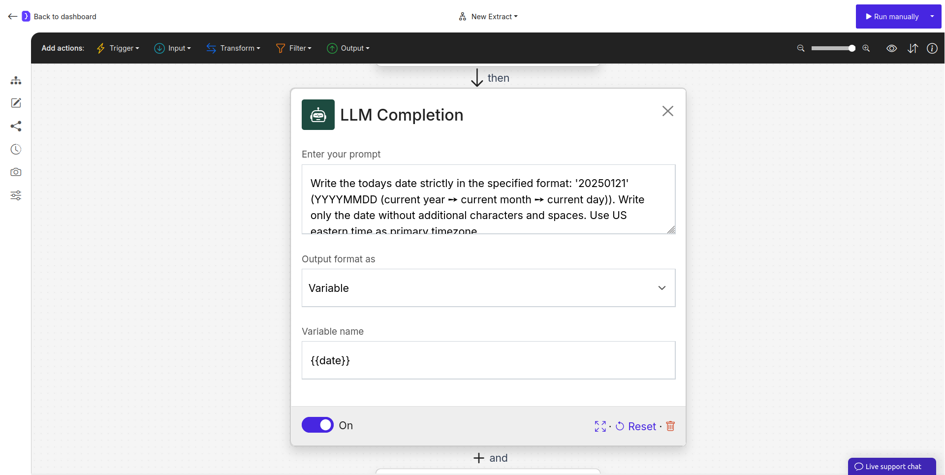 Screenshot: LLM Completion block showing a prompt to get today's date and outputting it as a variable named 'date'