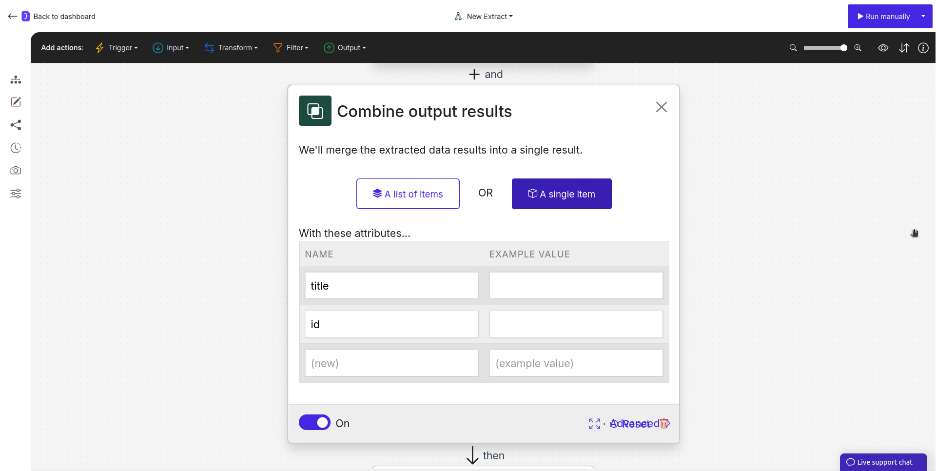 Screenshot: Merge data block configuration panel showing the item type selection and attributes table with 'title' and 'id'