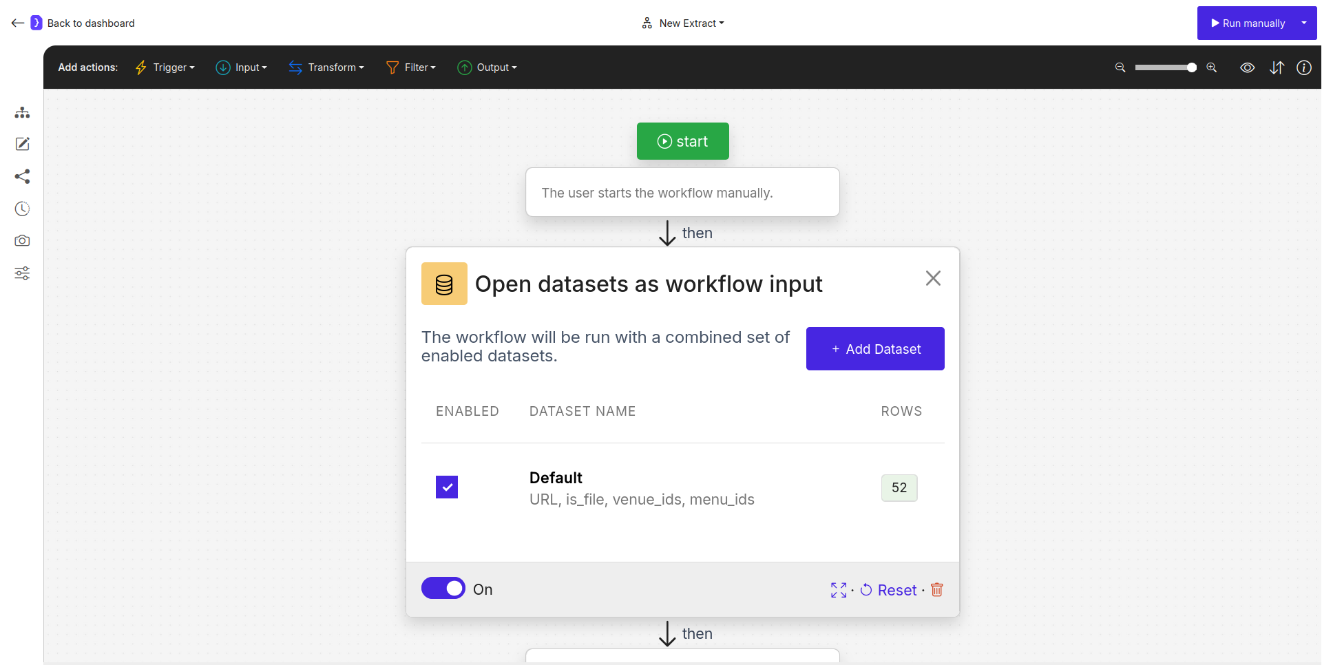 Screenshot: Open datasets block configuration showing a list with one "Default" dataset