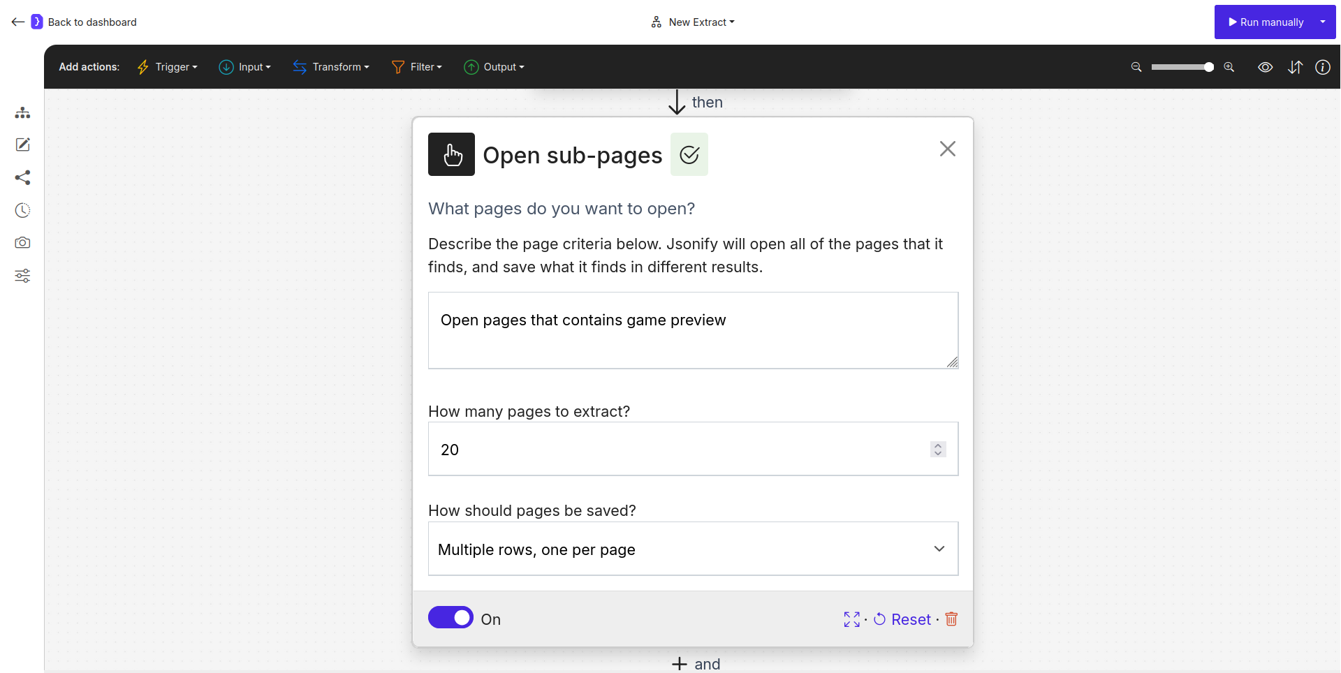 Screenshot: Open sub-pages block configuration panel