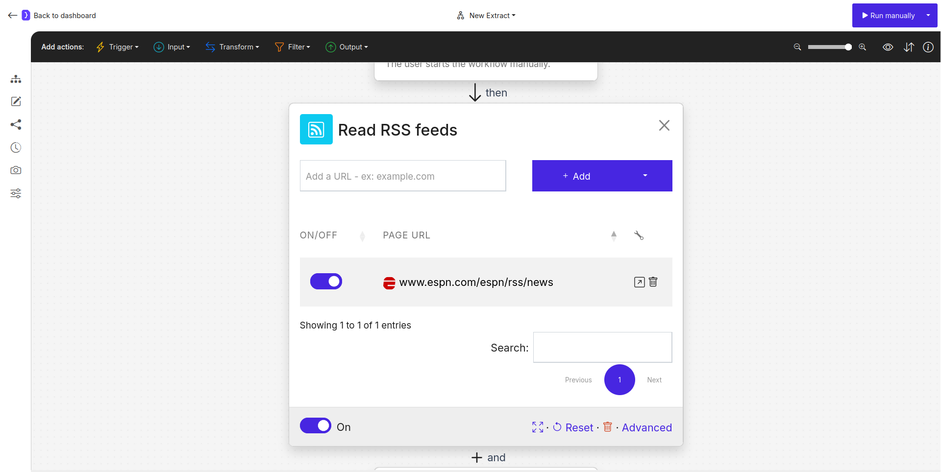 Screenshot: Read RSS feeds block configuration panel