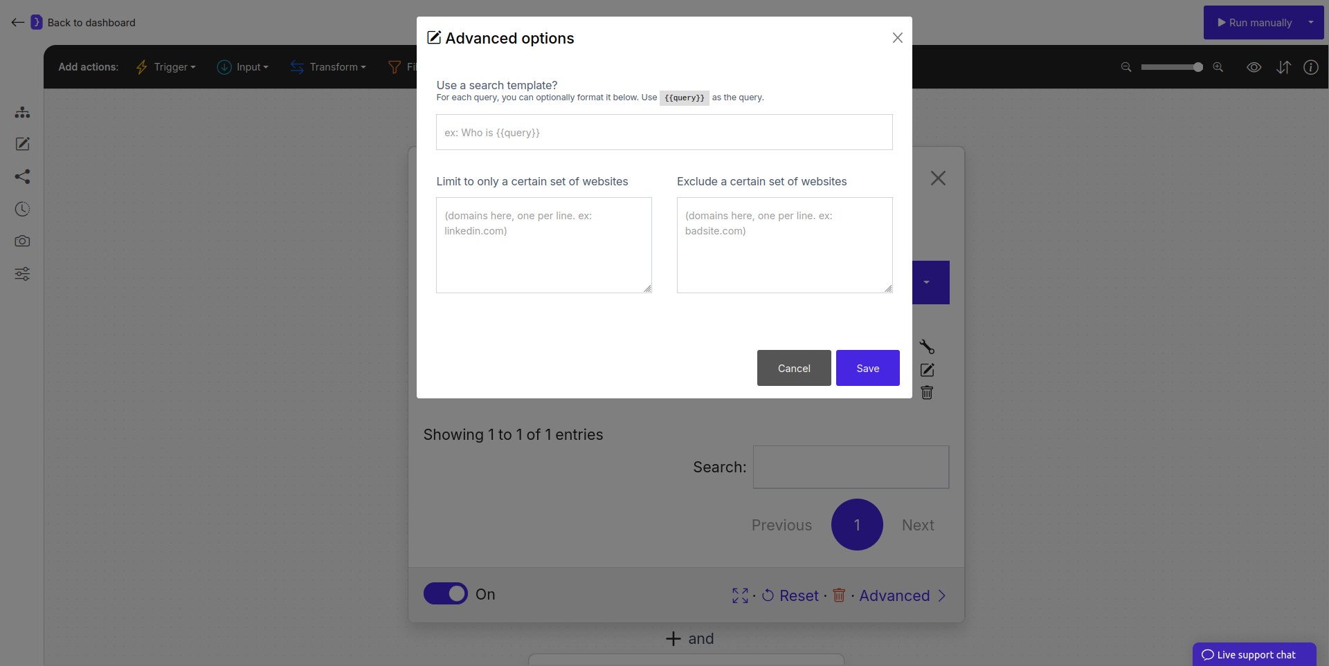 Screenshot: Advanced options panel for the Search on Google block