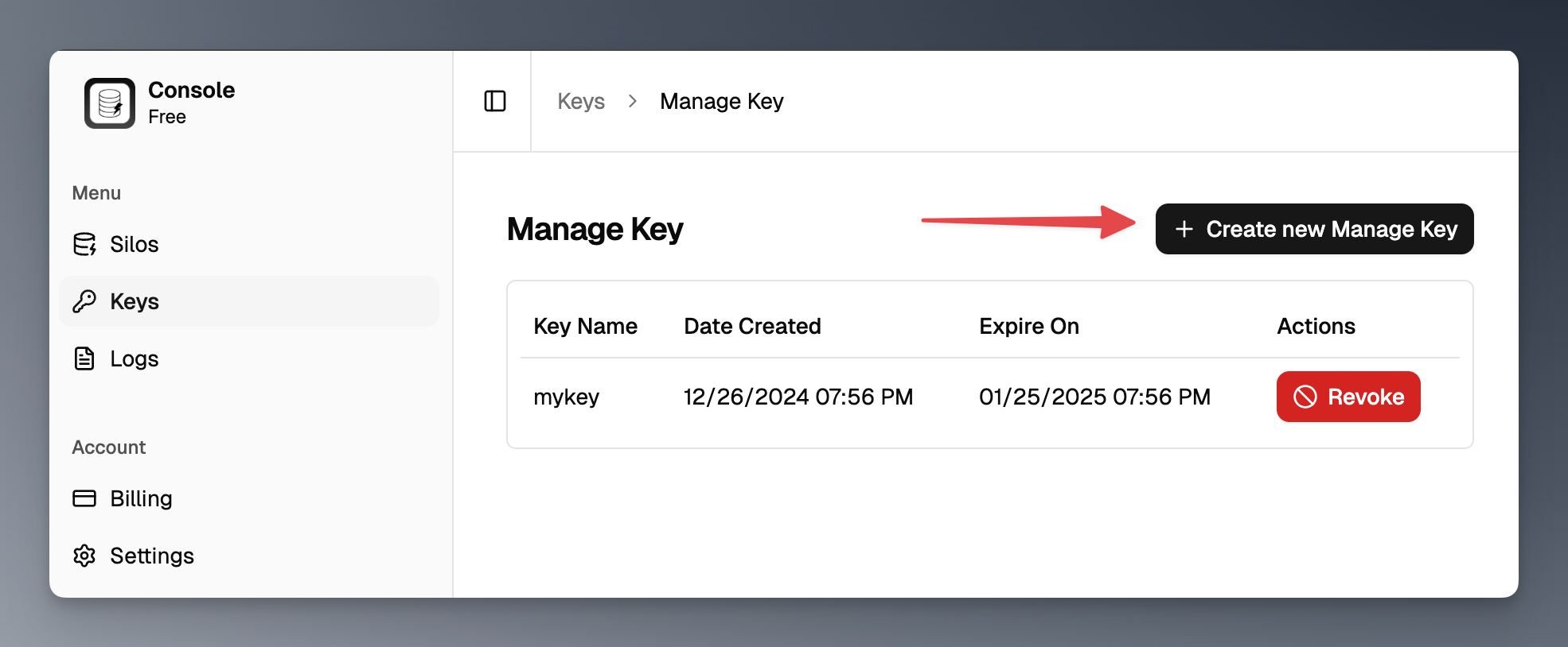quick start manage key