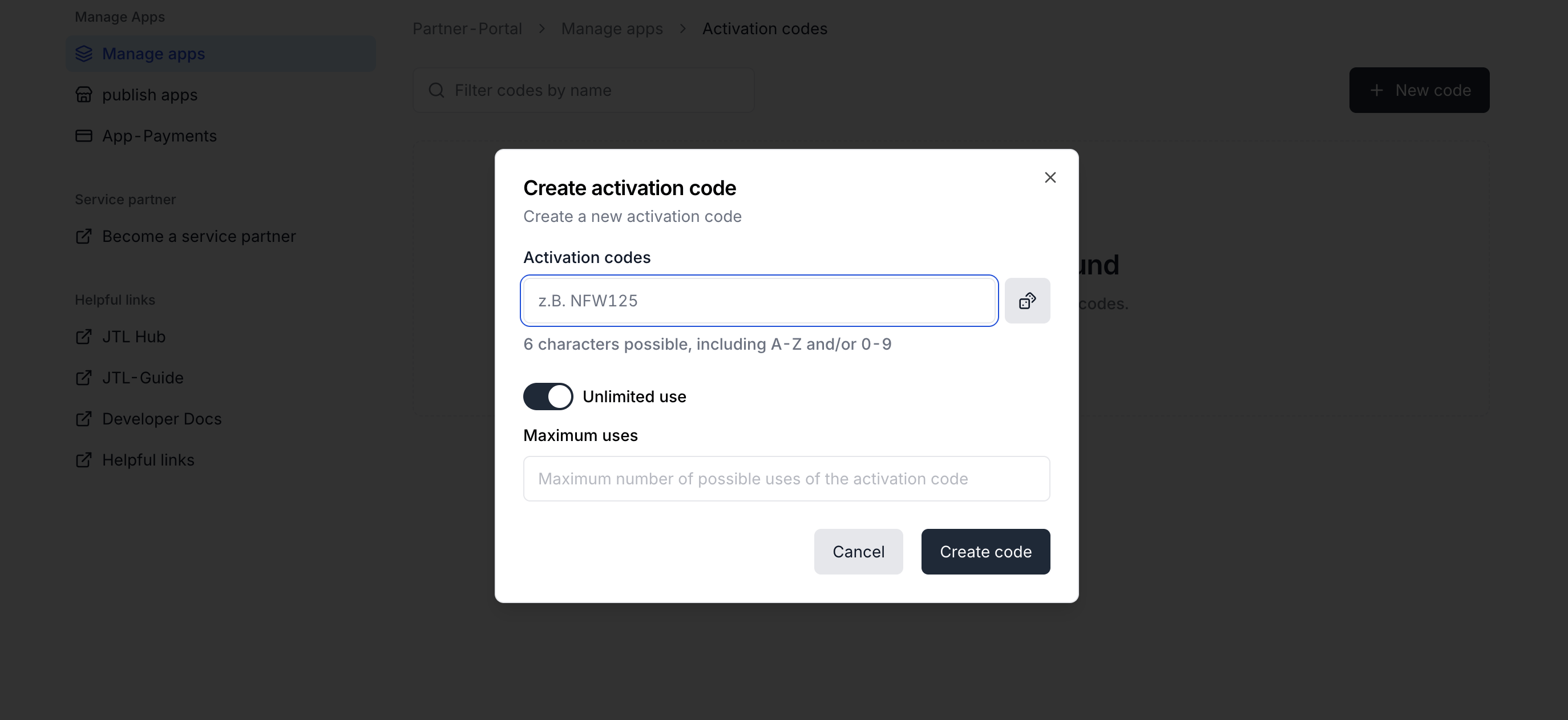 Activation code dialog for a private app