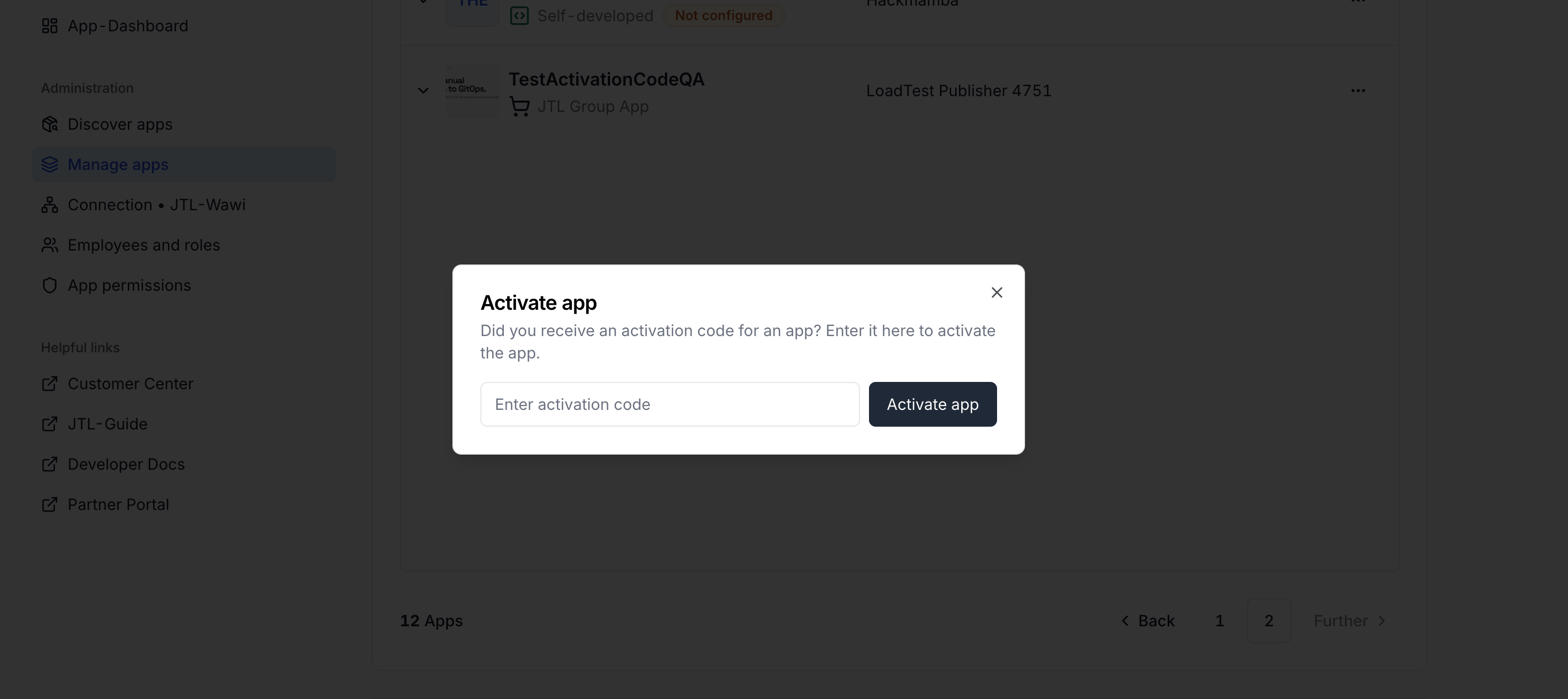 Activation dialog in JTL Hub